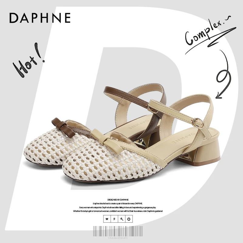 达芙妮网红爆款镂空包头凉鞋25春夏新款外穿蝴蝶结玛丽珍粗跟单鞋