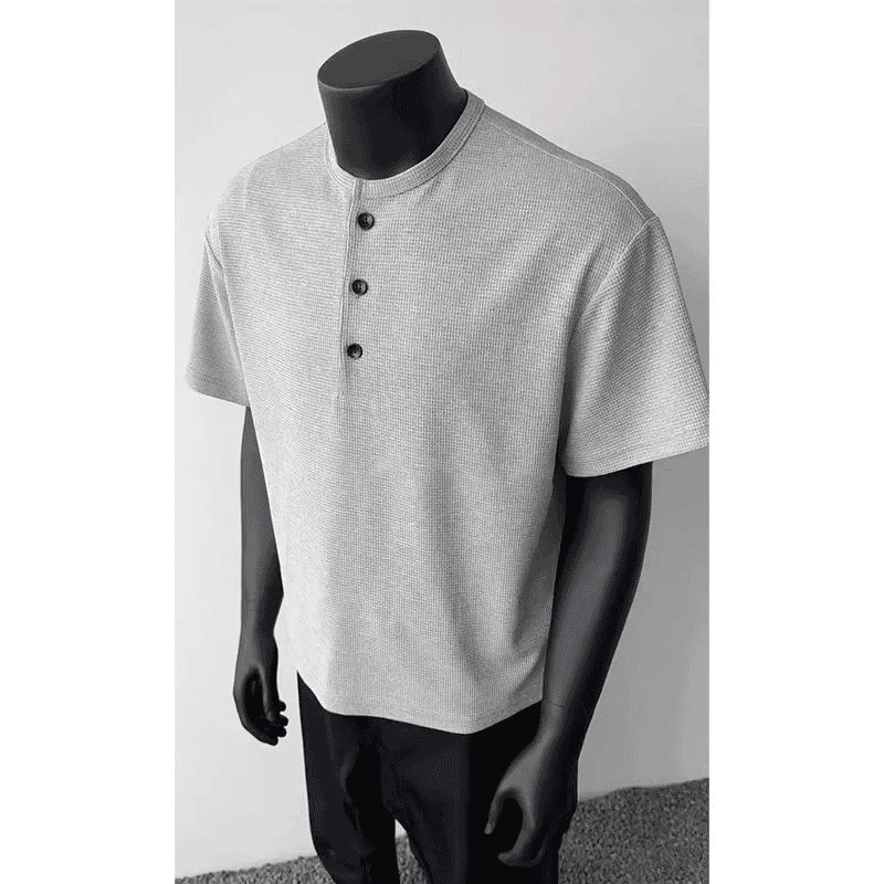花灰色亨利领短袖t恤男款夏季美式cleanfit华夫格设计五分袖上衣