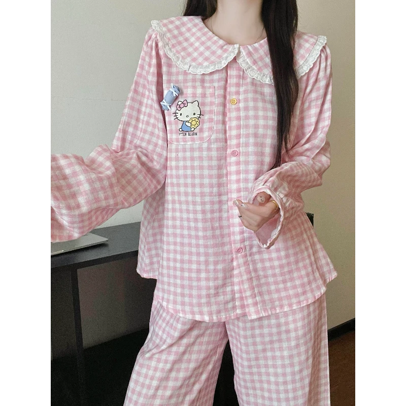 娃娃领格纹kitty韩系清纯睡衣女夏季新款短裤家居服可外穿套装