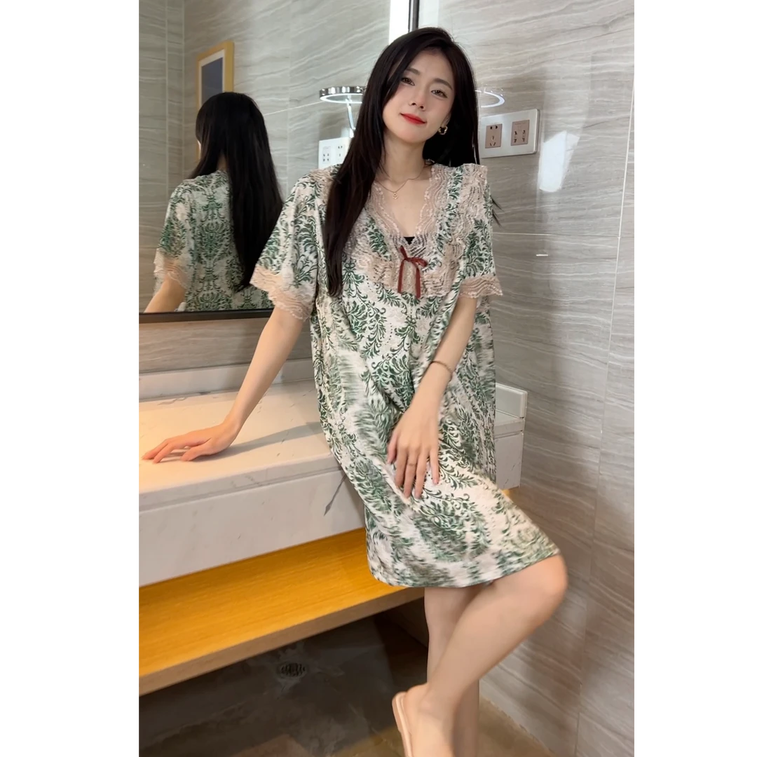 短袖印花卡通中长裙成人睡裙小众复古夏装方领