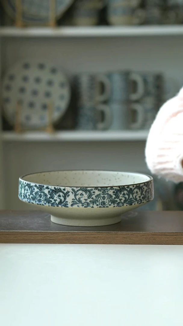 陶粗陶手绘鸢尾花高足甜品碗17cm@7-7@