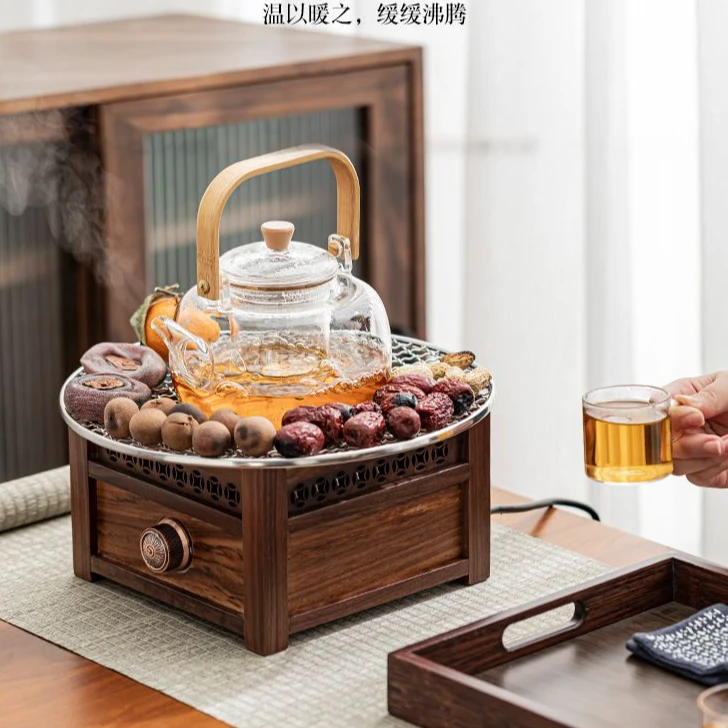 贤亦新款中式围炉煮茶器胡桃木电陶炉家用防烫煮茶壶玻璃提梁壶