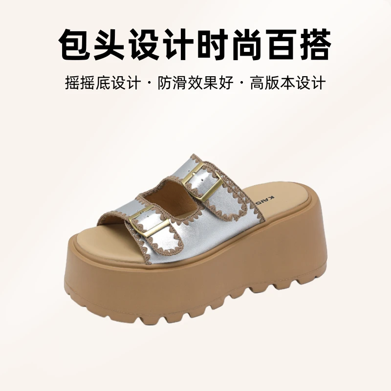 勃肯拖鞋女外穿时尚2025夏季新款时尚双扣一字拖8cm厚底增高女鞋