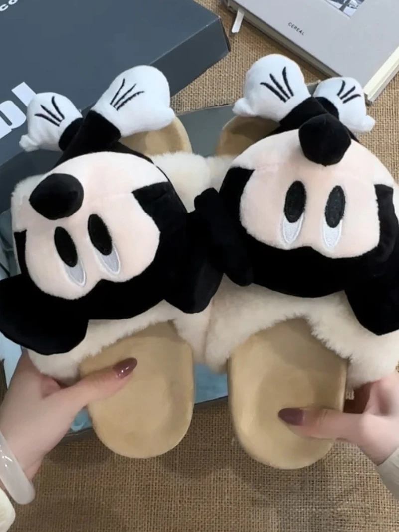 时尚卡通一字立体米奇毛毛拖鞋女2025秋冬新款外穿保暖一字棉拖鞋