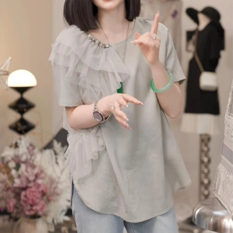 大码女装2025年夏季新款设计感蕾丝花边短袖胖mm小众设计感上衣潮