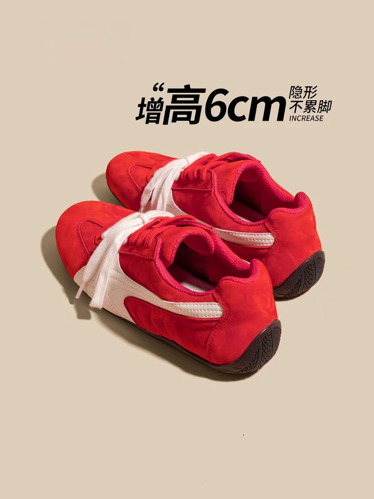 rose同款真皮红色德训鞋女2025新款复古阿甘鞋内增高6cm休闲鞋