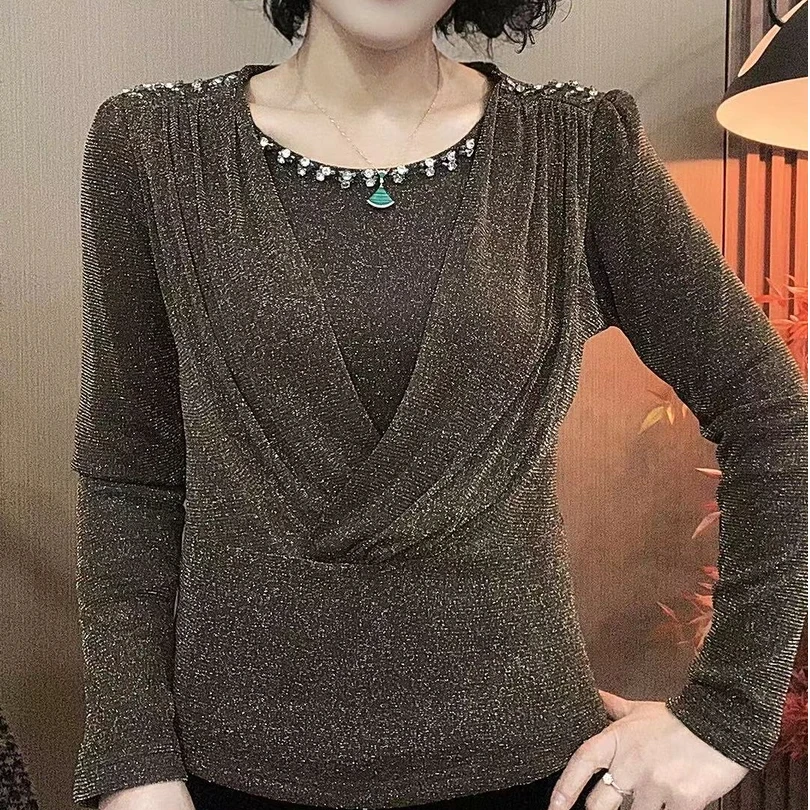 冬季新款加绒时尚气质交叉领小衫洋气百搭串珠长袖打底衫