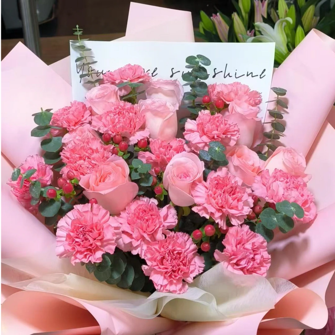 鲜花组合【10支粉玫瑰+15支粉康】 家居水养插花