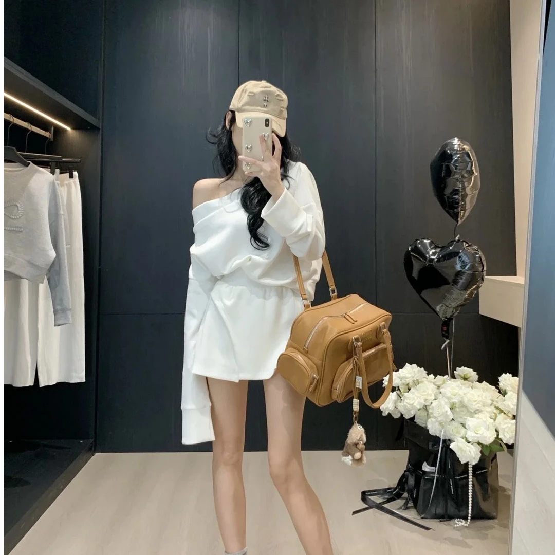 学院风斜肩卫衣半身裙套装女秋季韩系小个子穿搭美式甜辣妹两件套