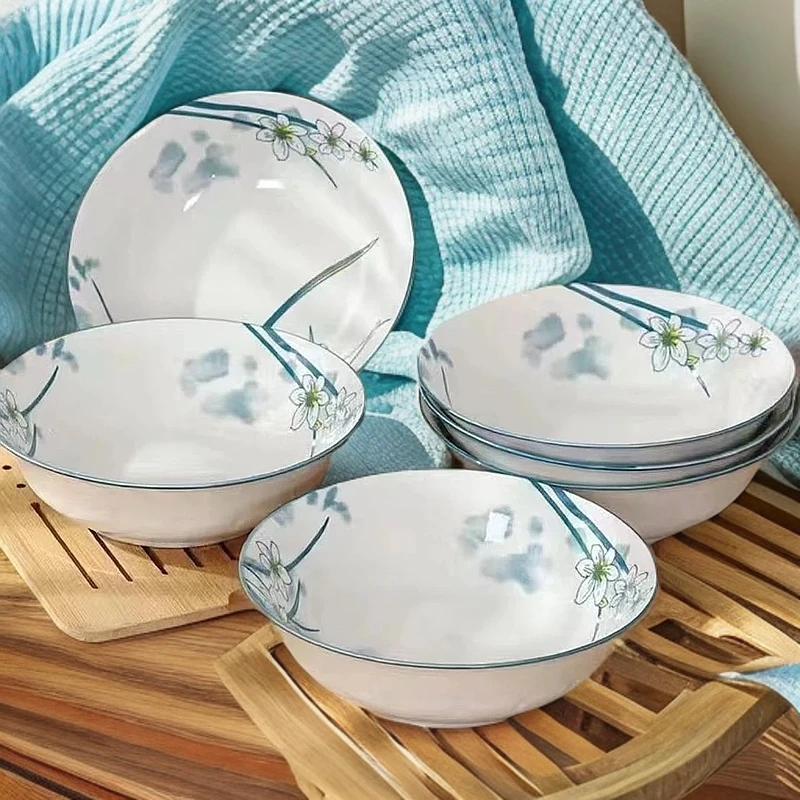 水仙花六英寸6个装釉下彩实用斗笠碗吃饭碗泡面碗家用毛巾挂中式