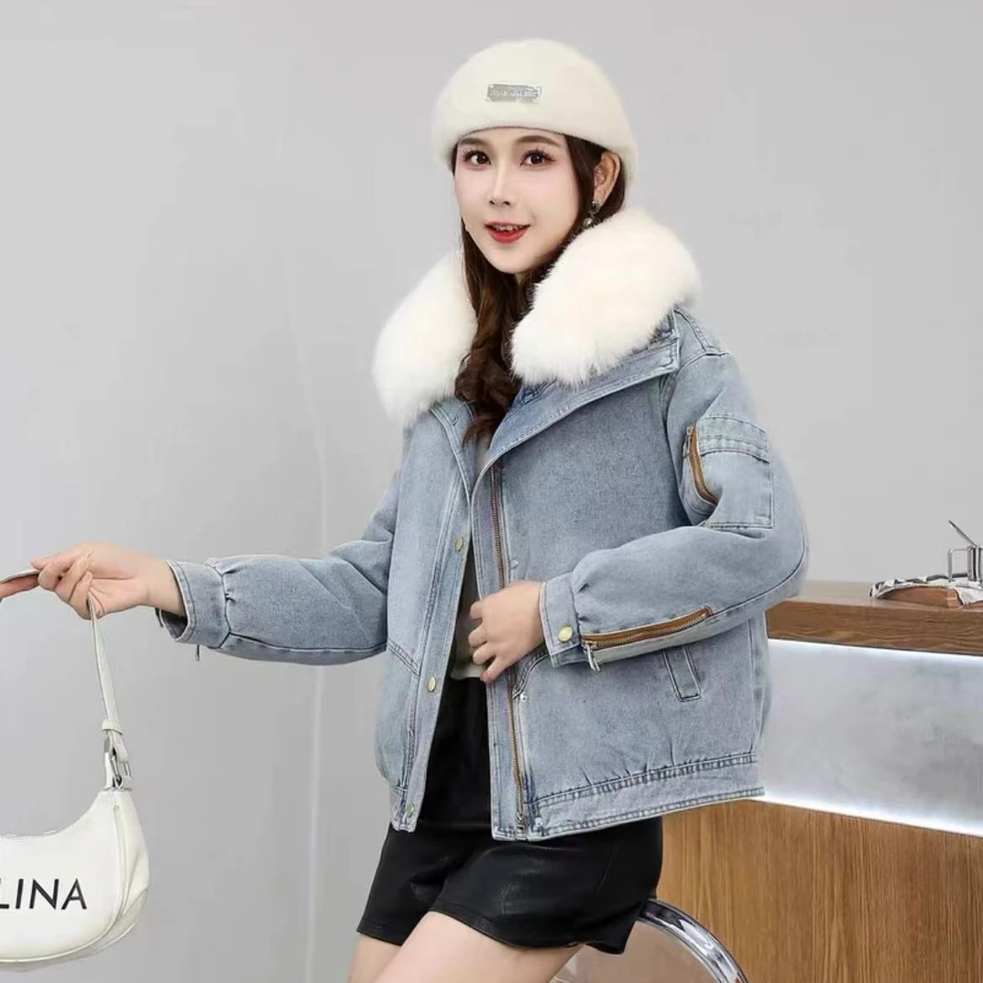 5541衣长58欧货时尚潮流牛仔外套冬季设计感洋气毛领加棉加厚上衣