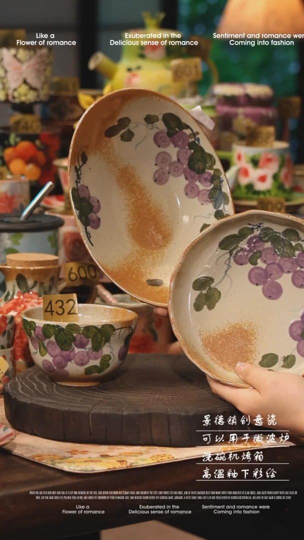 陶瓷三件套景德镇高温釉下彩手工手绘款式