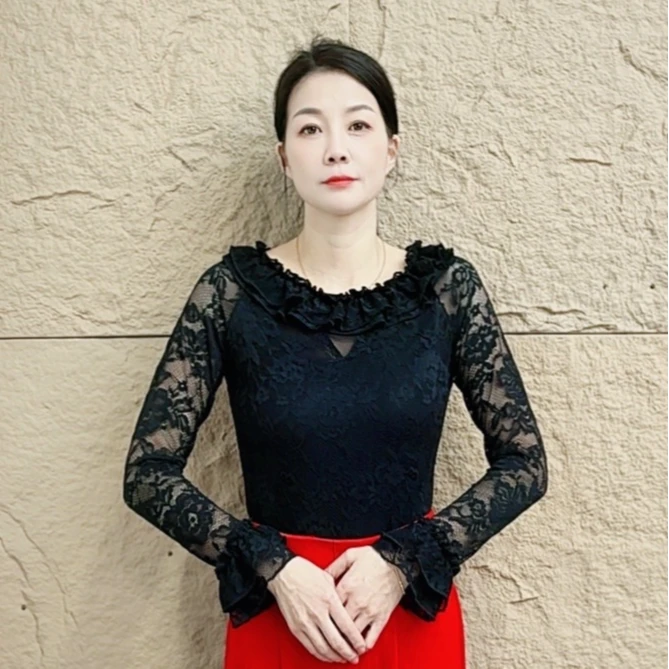 欢舞阁摩登吉特巴女士圆领广场舞时尚百搭蕾丝长袖舞衣A0828