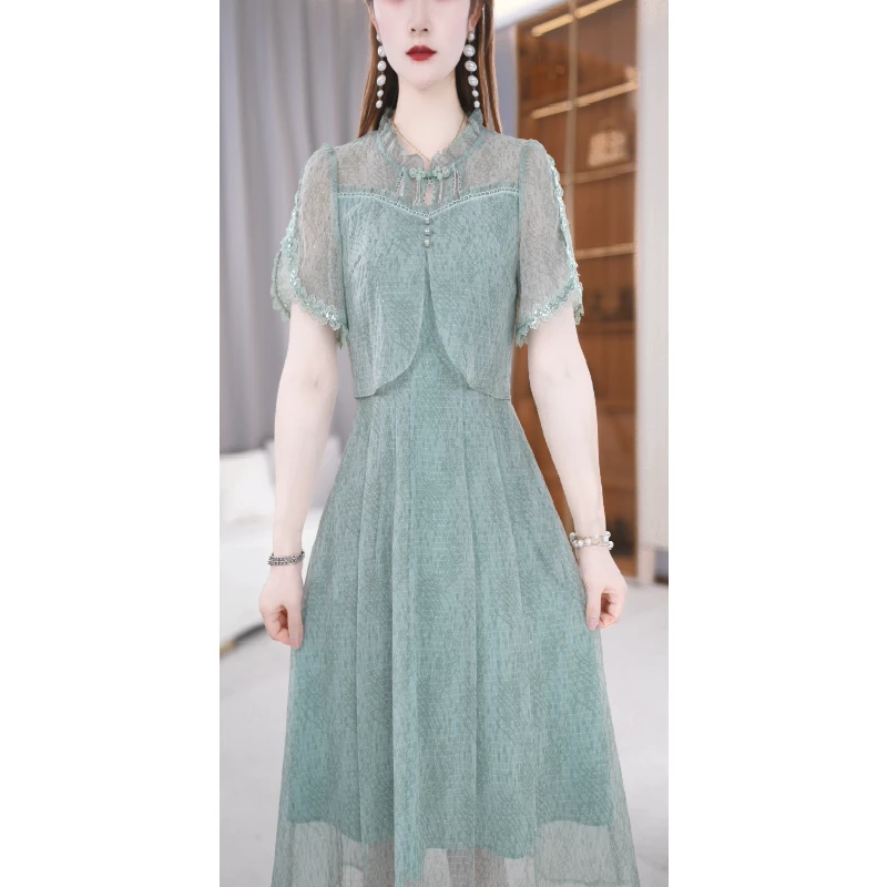 纱料连衣裙女2025新款新中式国风假两件小个子小清新绿色裙子夏天