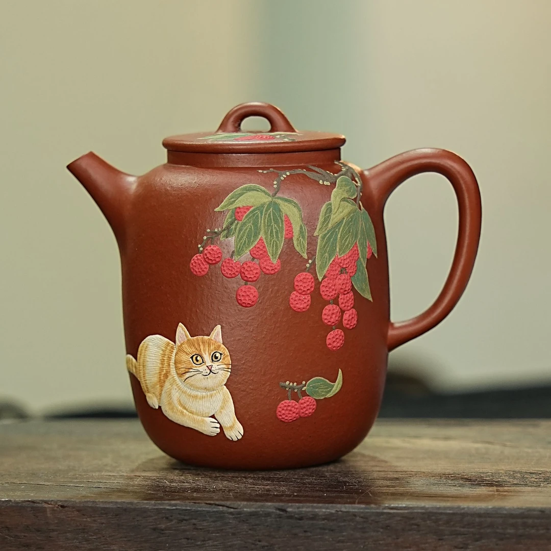 【2806荔枝猫咪壶】宜兴原矿紫砂手工堆绘荔枝小猫 小猫壶