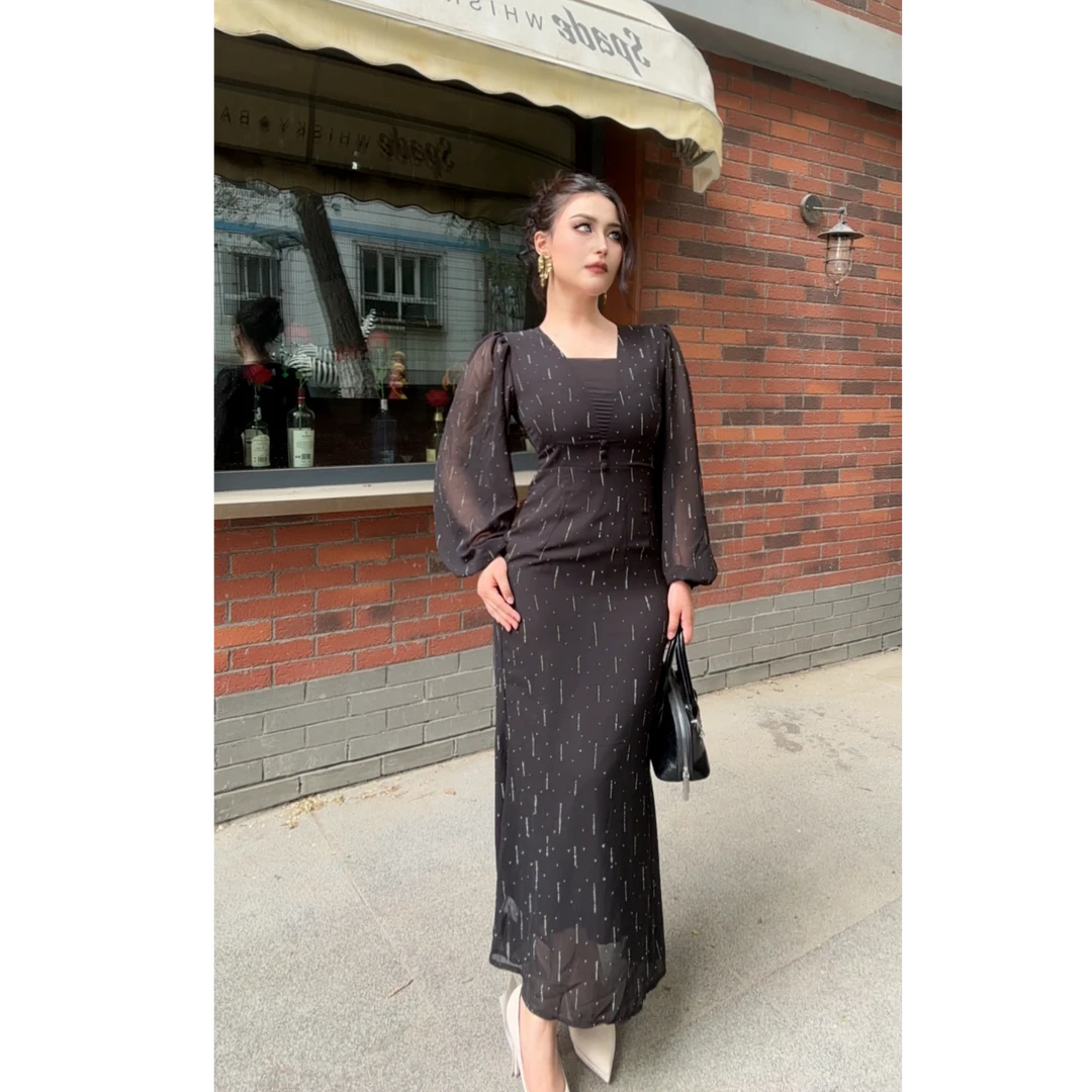 8768【】新款烟花式烫钻灯笼袖时尚女装连衣裙