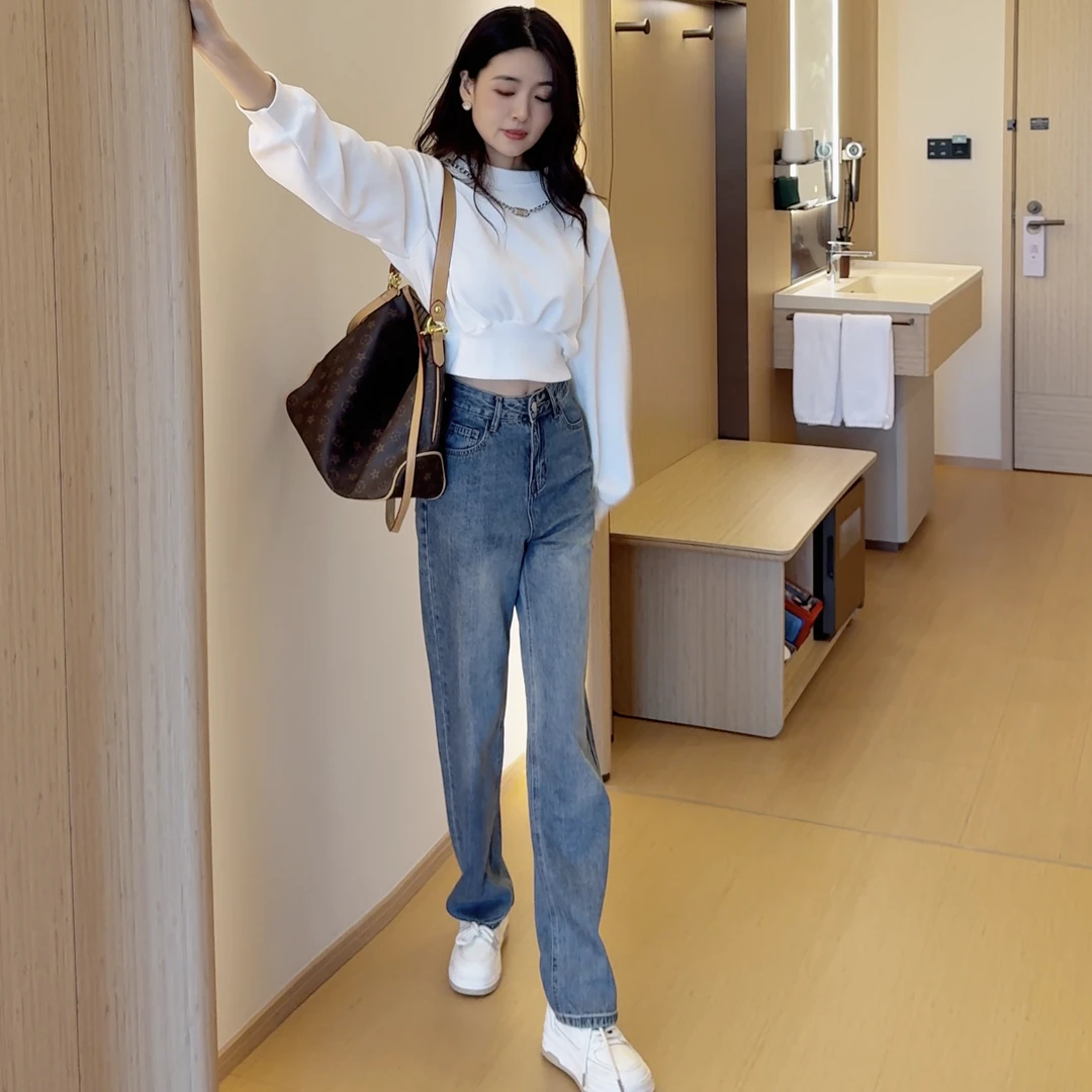 牛仔长裤高腰女套装2025秋装新款百搭直筒裤时尚套头卫衣两件套