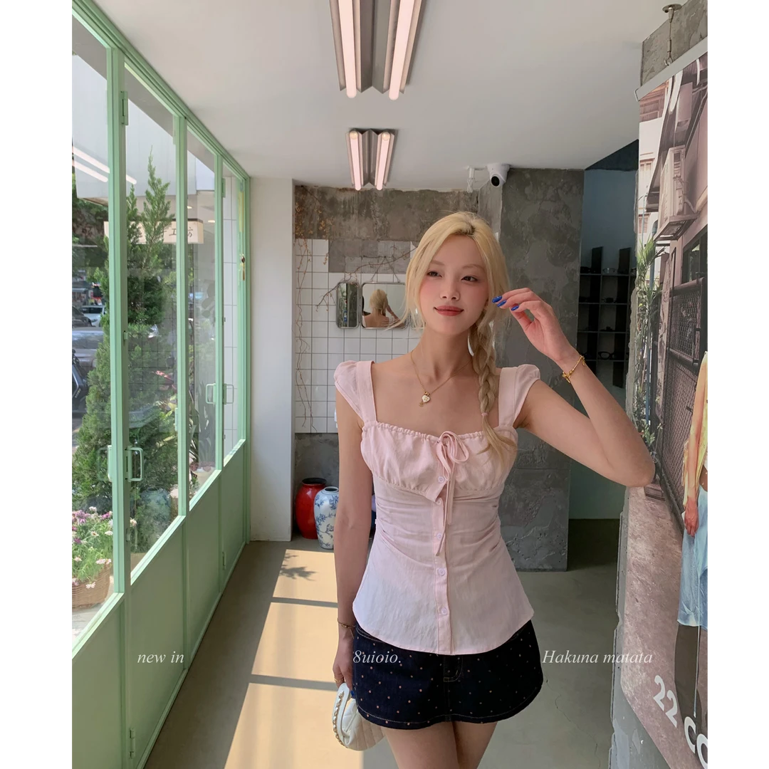 8uioio 蜜桃莫吉托 纯欲风粉色方领衬衫女修身收腰上衣 K50550493