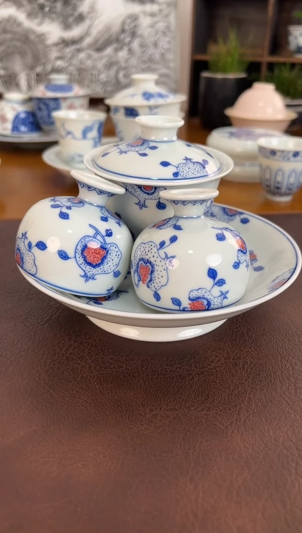 照夜白青花釉下红多子多福4件套