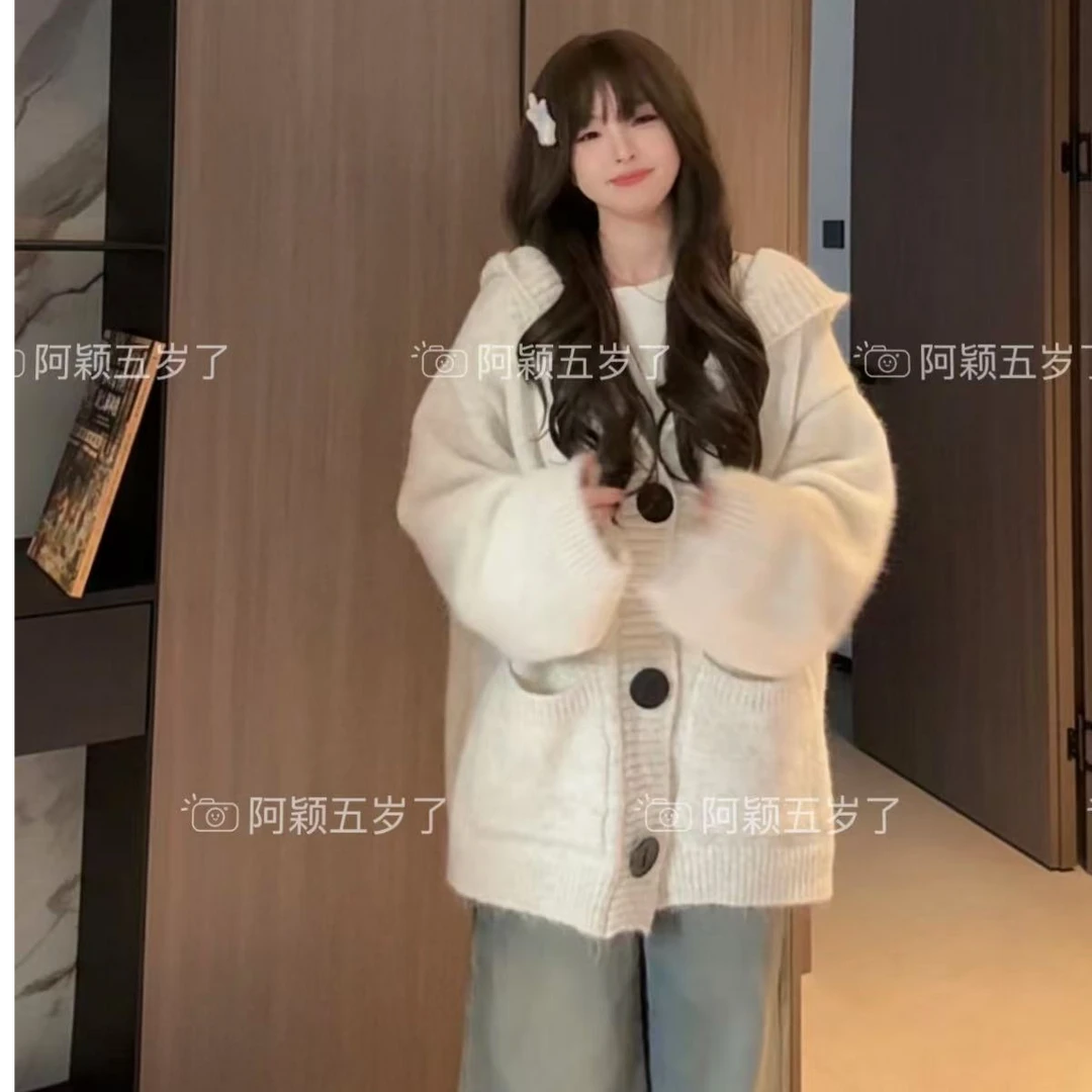 【阿颖专属】韩国东大门慵懒风巫师帽针织开衫毛衣外套秋冬新款