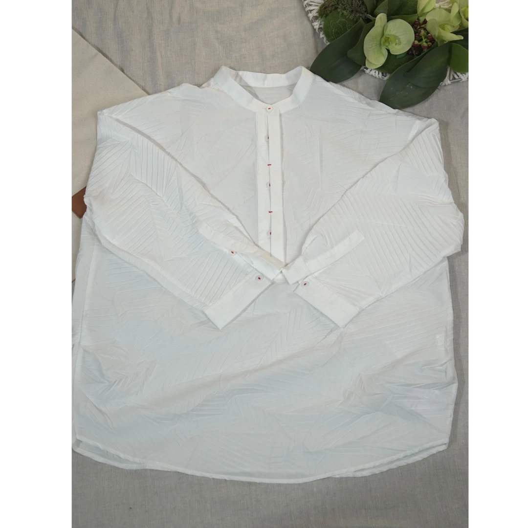 布伊轨道白色新中式褶皱衬衣Y28803