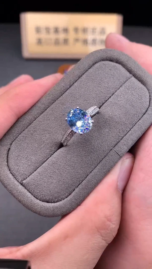 银S925镶嵌戒圈海蓝宝石2222