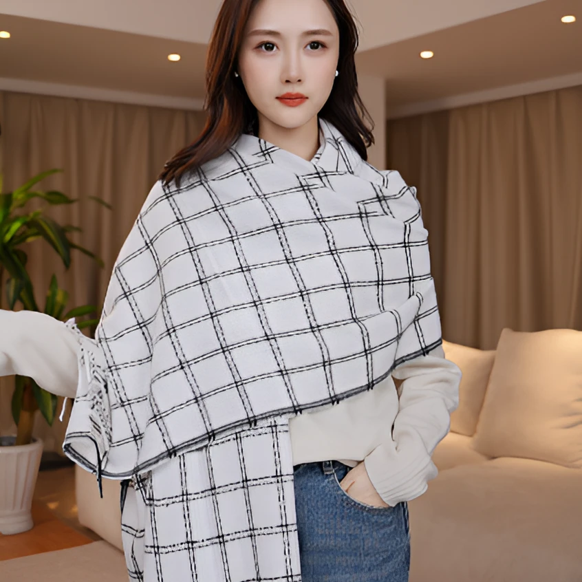 达芬奇密码2025新款麻格子流苏白双面两用办公室保暖百搭披肩