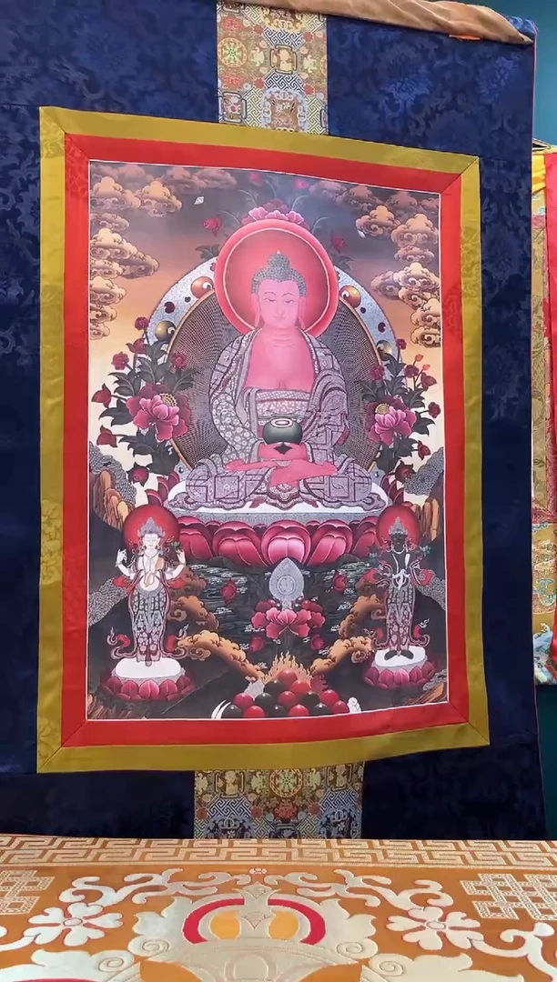 卷轴画矿物质喷绘  阿弥陀佛1.26m蓝色莲花布