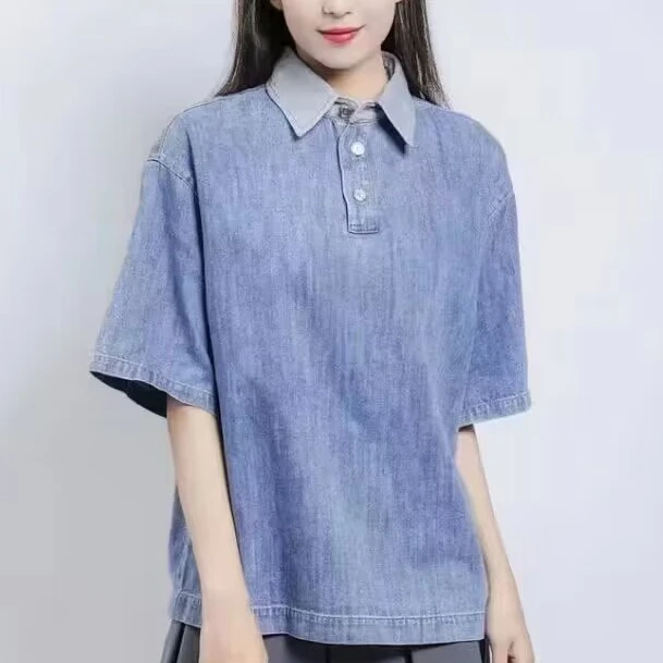 【商场同款】牛仔套头T恤新款丹宁风时尚百搭polo短袖衬衫女5301034