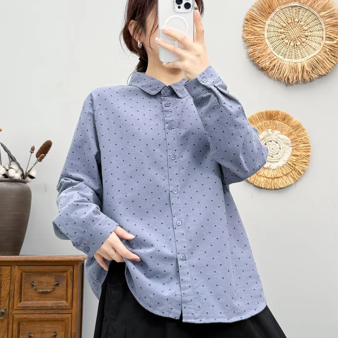 纯棉磨毛波点衬衫女2025春秋季复古文艺翻领宽松长袖衬衫女上衣