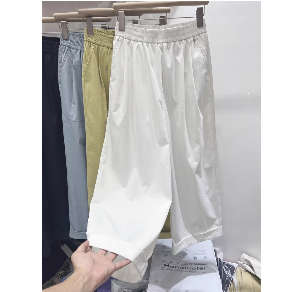 9671夏季防紫外线手工装饰纯色直筒休闲裤女卷边九分裤阔腿宽松