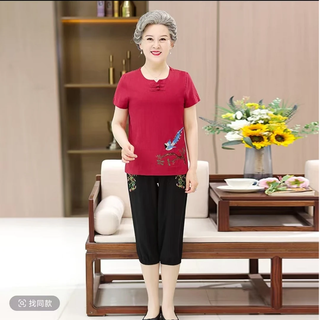442-女装刺绣中年常规夏装t恤上衣女装老人1g宽松型圆领大码夏季