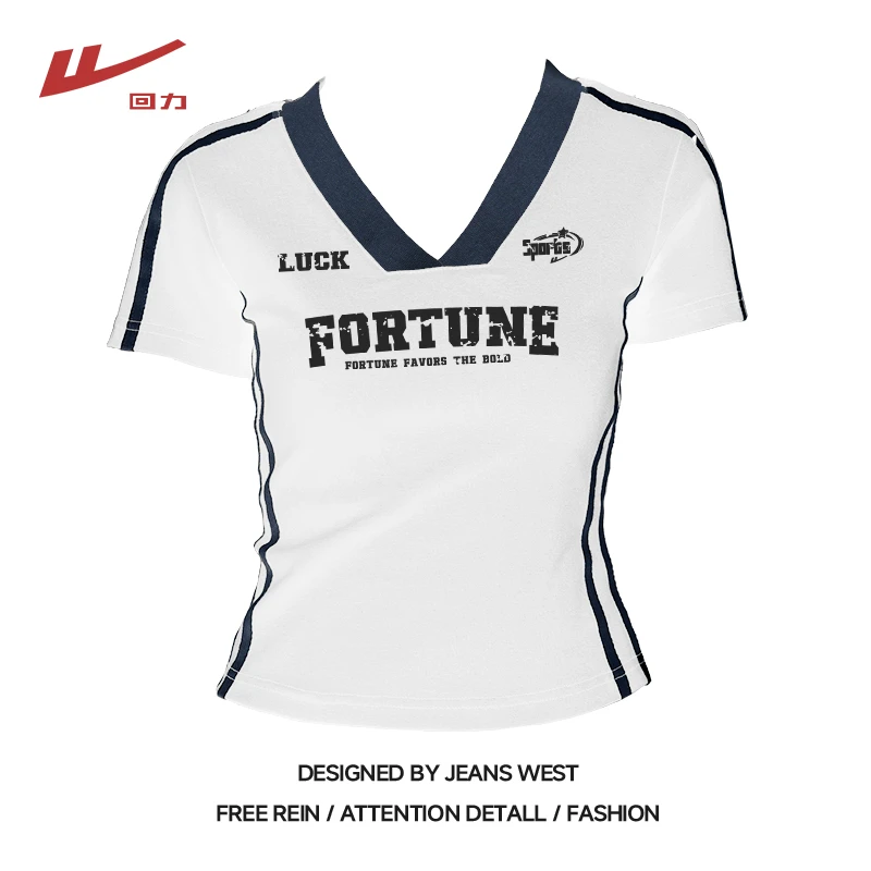 回力白色v领正肩短袖t恤女夏季2025新款短款修身洋气上衣美式体恤