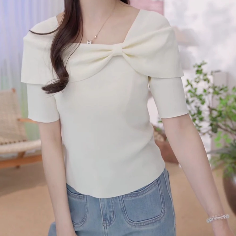 【欧若风新品】夏季时尚舒适休闲百搭绣花圆领短袖针织衫女