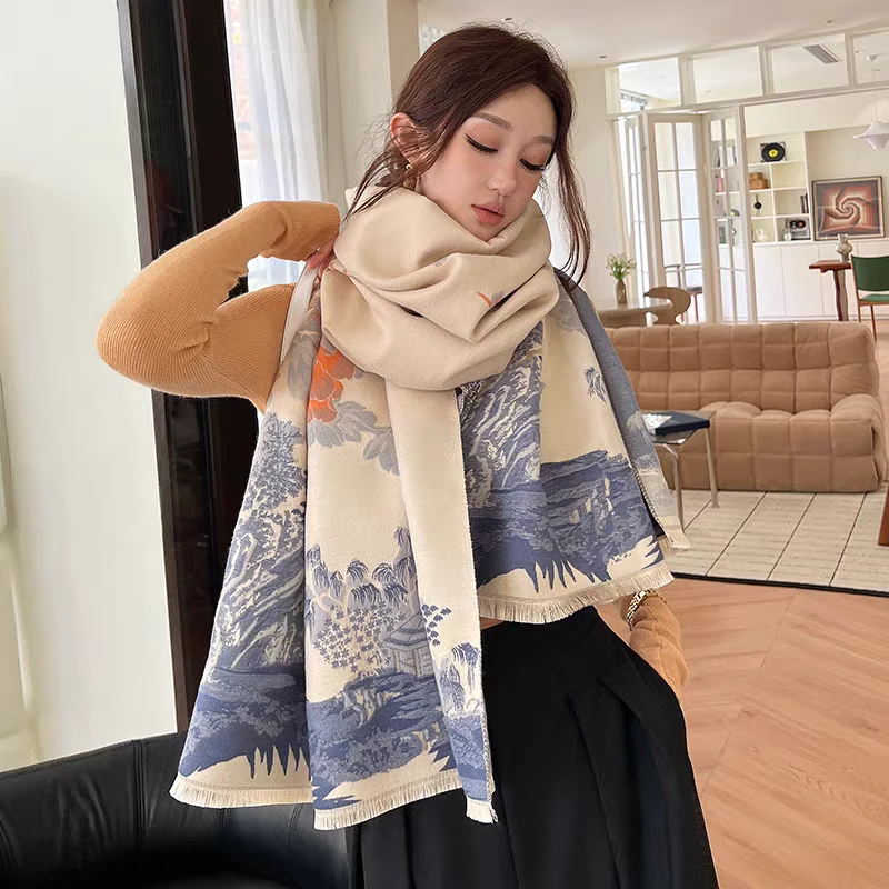 【一望江南】2024国风款秋冬季双面披肩围巾高级感空调披肩