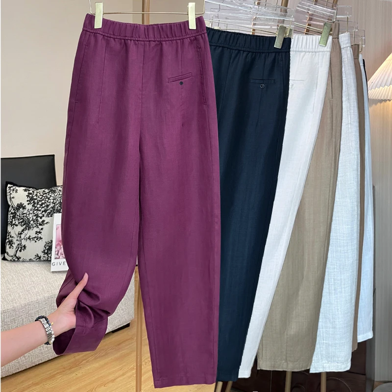 亚麻女裤亚麻裤2025夏季新款哈伦裤小脚裤小直筒裤松紧腰宽薄款