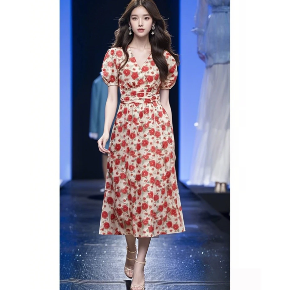 法式复古茶歇娃娃领碎花连衣裙子女收腰气质设计高级感长裙夏