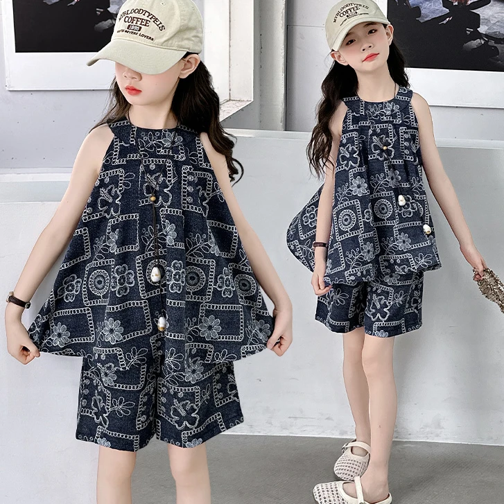 女童套装夏季新款时尚潮流可爱甜美无袖上衣裤子两件套中大童韩版