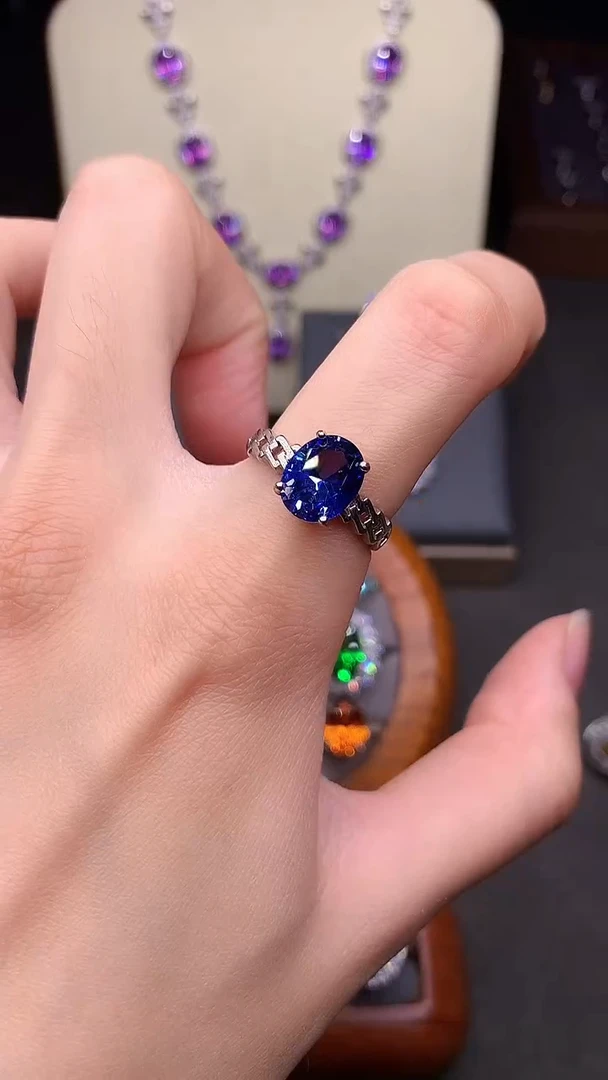 戒指蓝宝石银S925镶嵌矢车菊