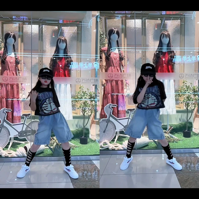 儿童夏季潮酷休闲风洋气牛仔中裤百搭工装裤中大童时髦印花T恤潮