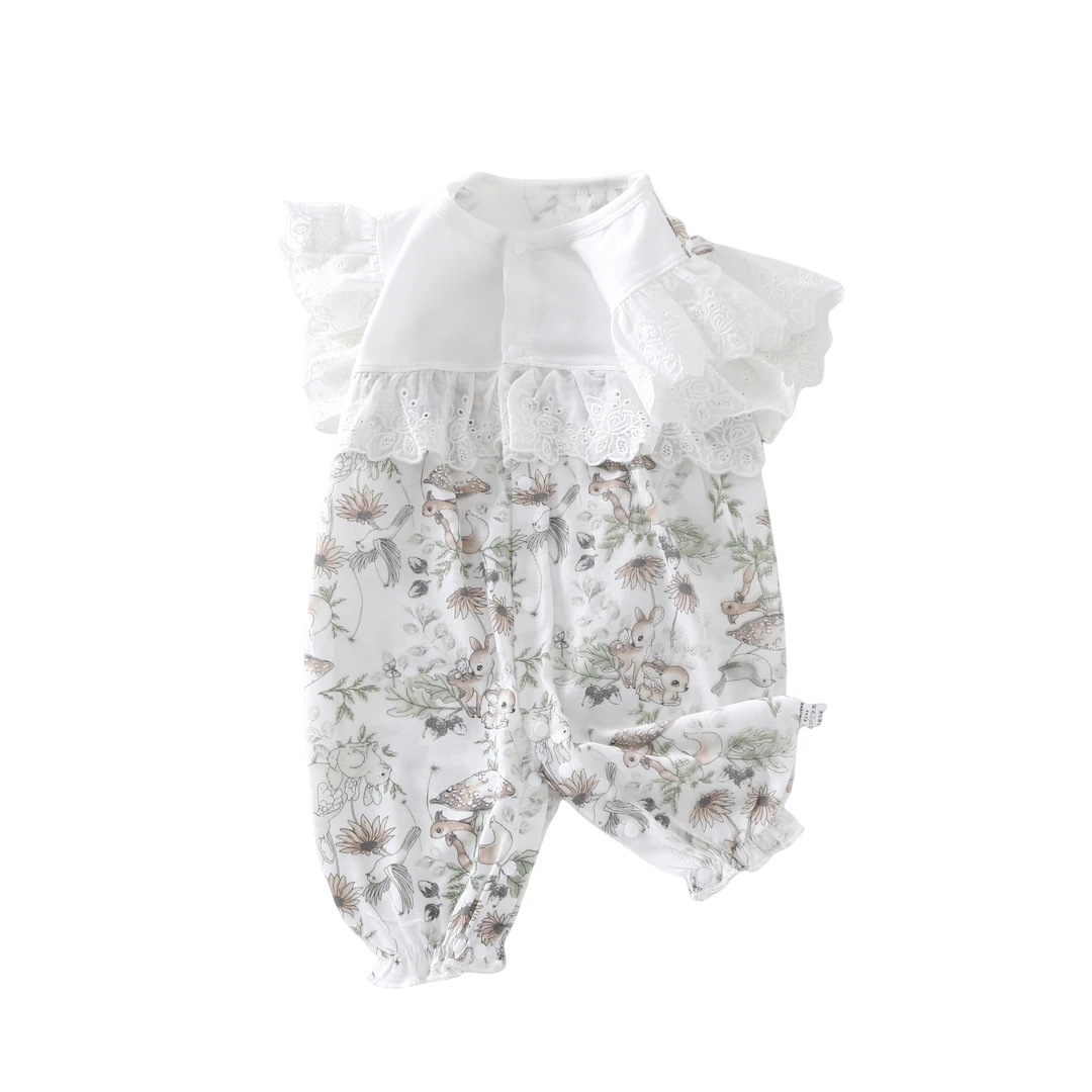 小猪夏季婴儿宝宝纯棉蕾丝花边造型无袖洋气薄款碎花哈衣爬服连体