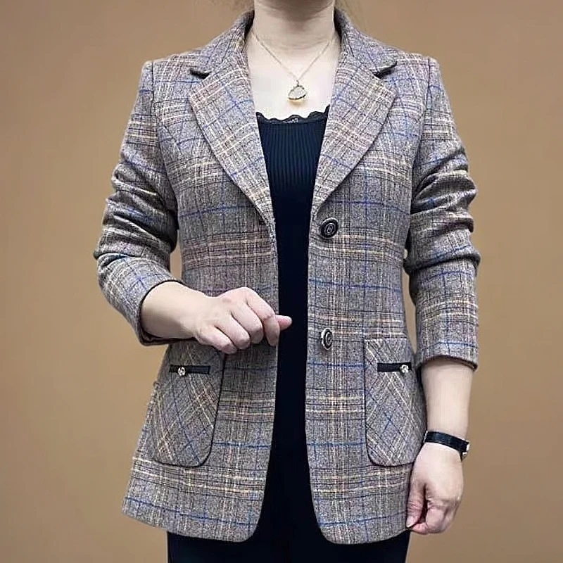 春秋新款洋气时尚中老年妈妈装韩版小西装格子气质显瘦女士外套