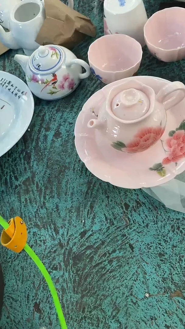 摆件红稀土牡丹花茶壶带托盘一套