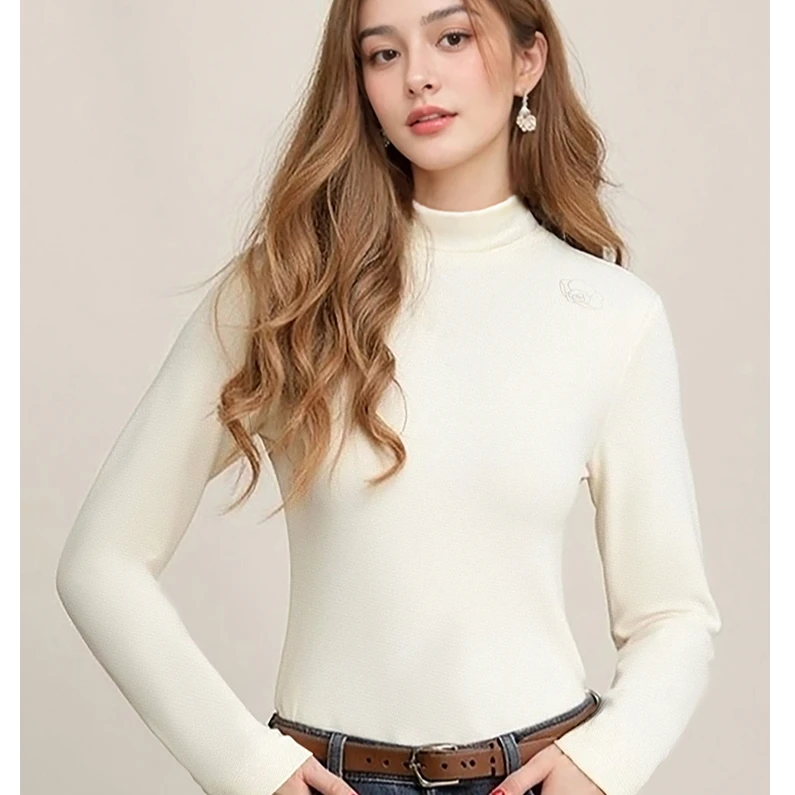 加厚中领山茶花刺绣醋酸莱赛尔天丝山羊绒蚕丝打底衫。