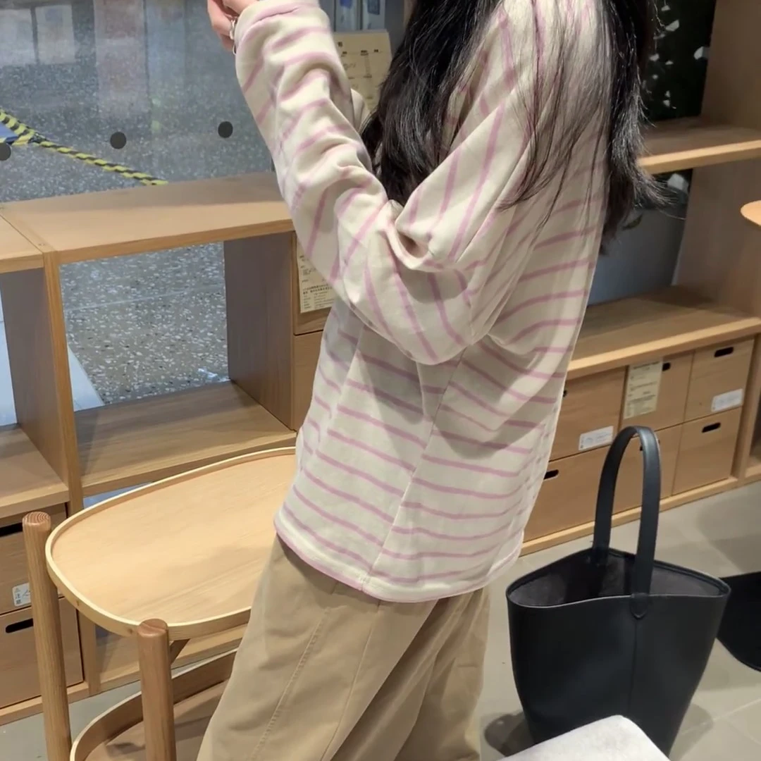 韩系小众正肩条纹长袖T恤女春秋新款内搭打底衫宽松显瘦慵懒上衣