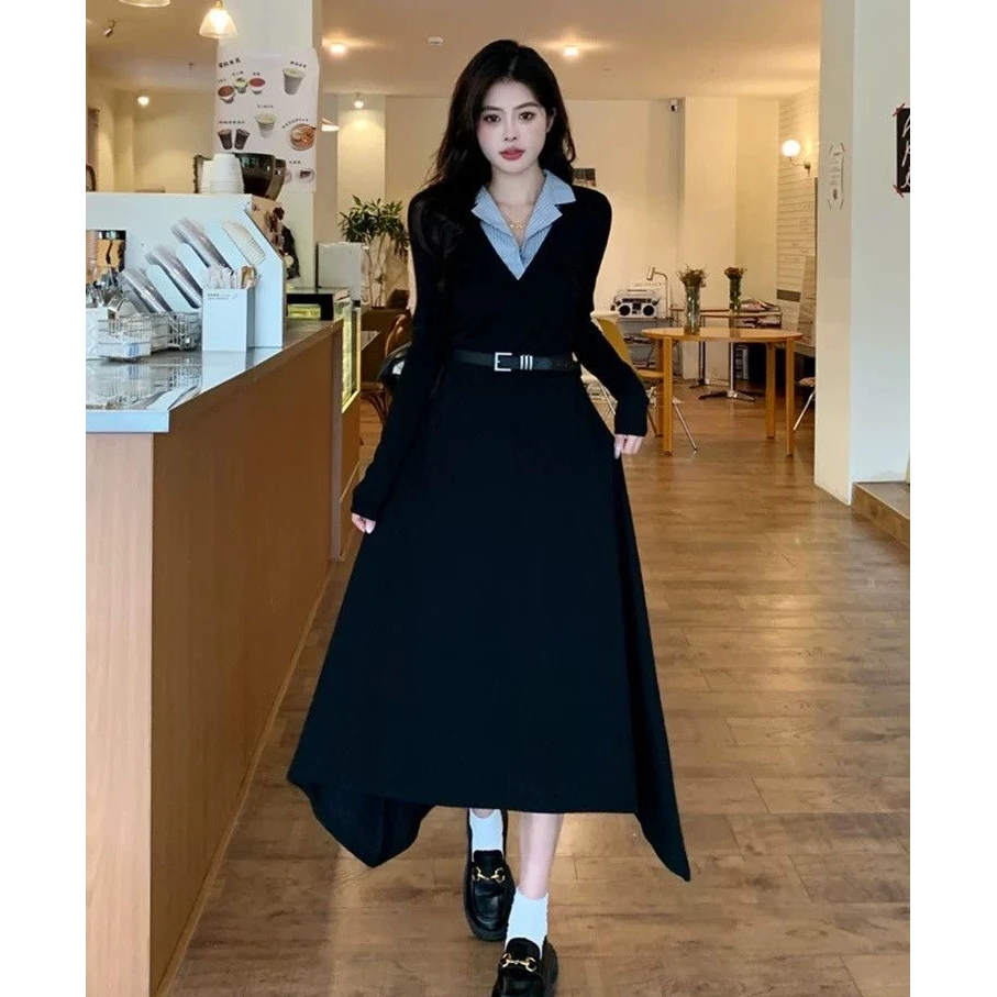 大码韩版翻领拼接假两件连衣裙女春季高级感通勤长裙收腰显瘦裙子