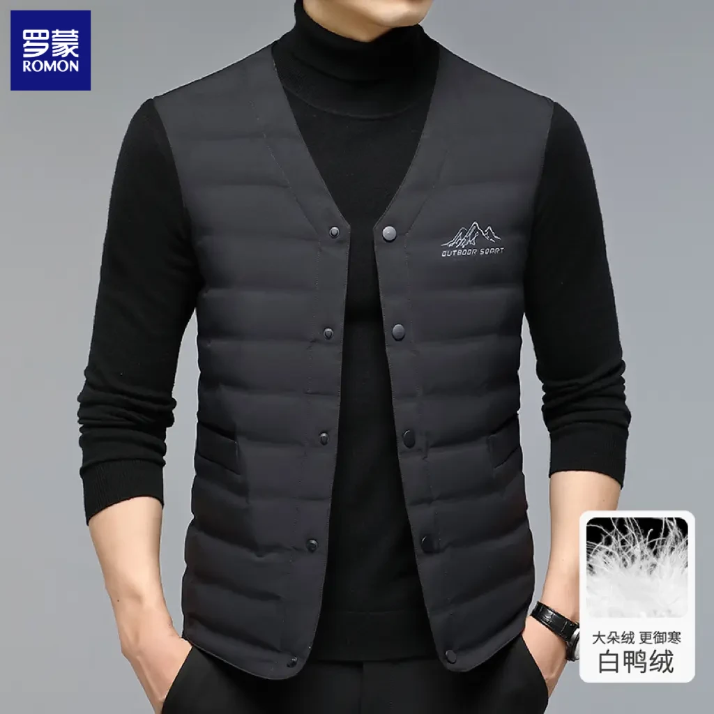 罗蒙2025秋冬季轻薄白鸭绒男士秋冬保暖背心纯色简约无领内穿马甲