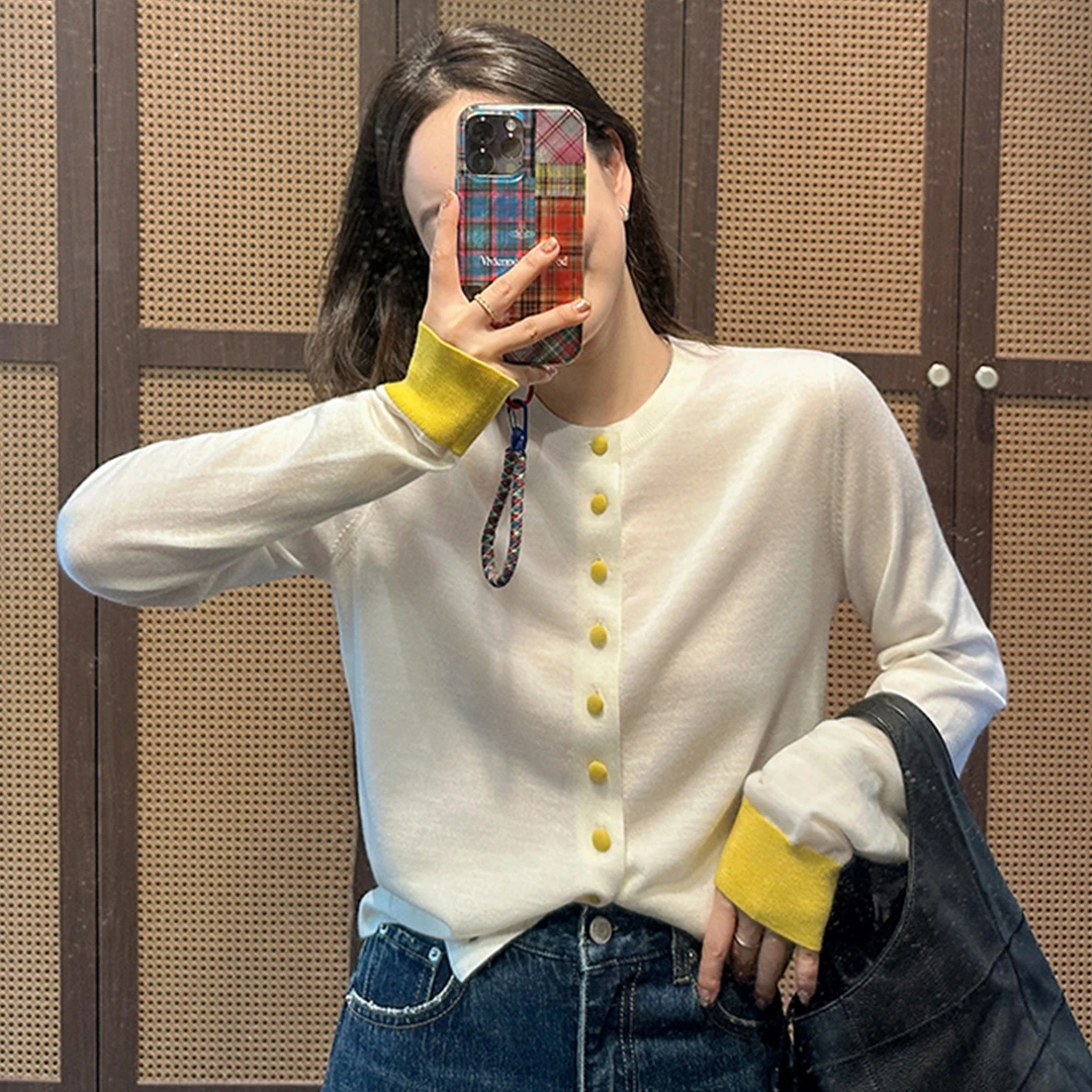 设计感撞色复古圆领针织上衣女春秋内搭打底洋气宽松显瘦毛衣开衫