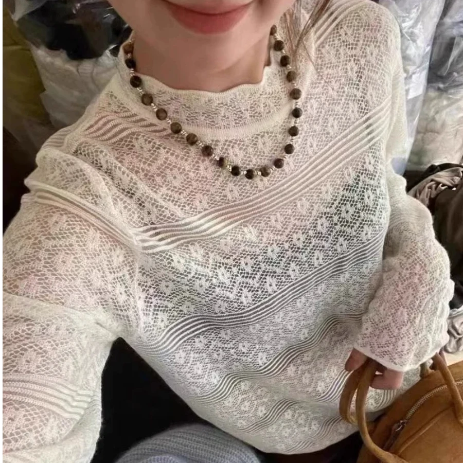针织打底衫蕾丝长袖洋气时尚百搭保暖套头【89128】