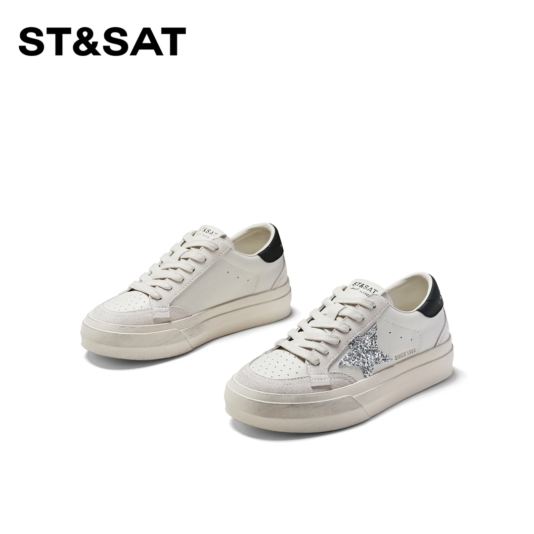 星期六品牌擦色做旧脏脏鞋女真皮厚底星星运动板鞋百搭系带小白鞋